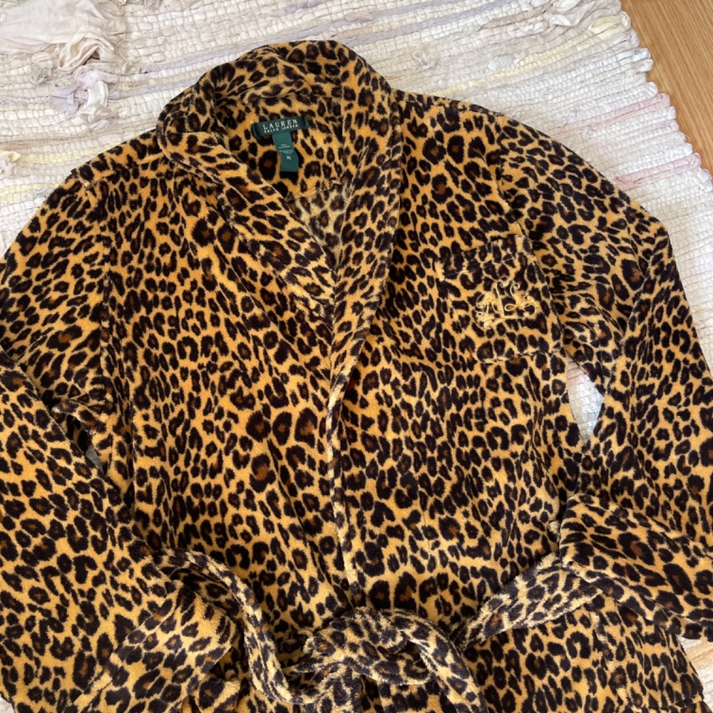 Lauren By Ralph Lauren Short Fleece Black and Tan Cheetah Print Bathrobe Size XL - Picture 7 of 9